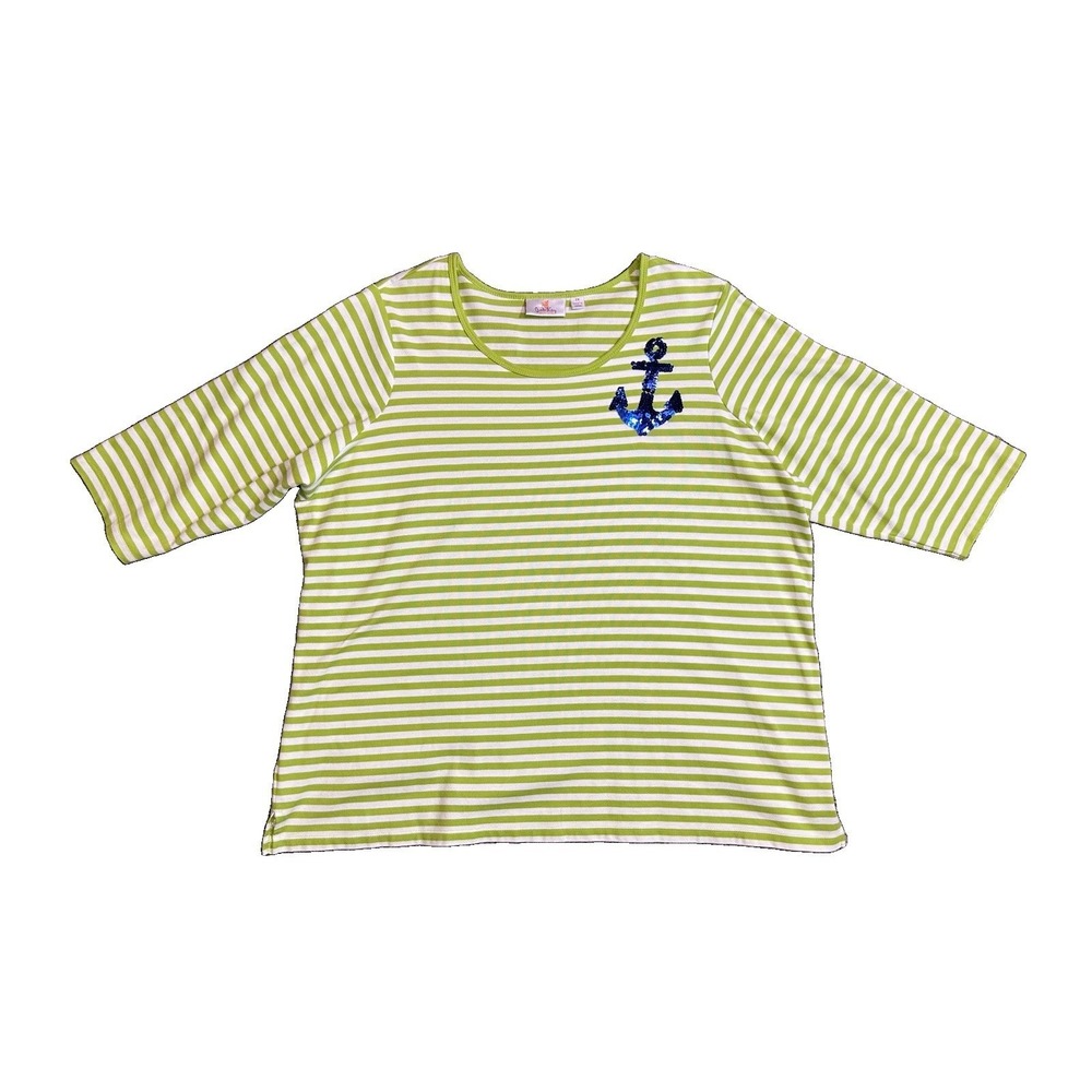 Quacker Factory Women's 2X Green White Striped Sequin Anchor Nautical Shirt Top